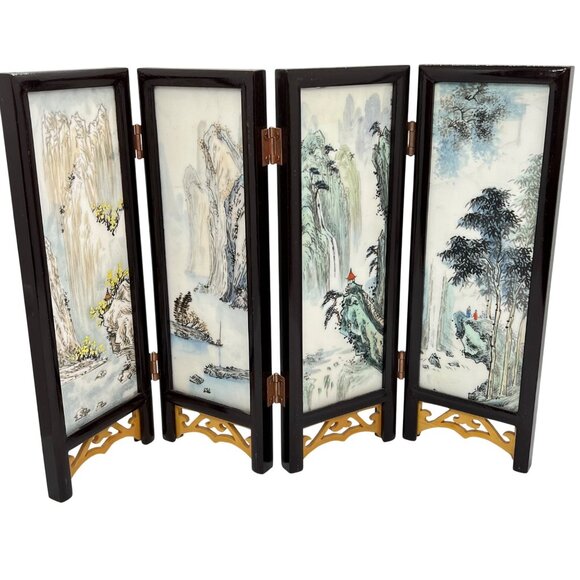 Vintage Chinese Folding Mini Screen With Hand-Painted Stone Panels Landscape Woo - Picture 2 of 9